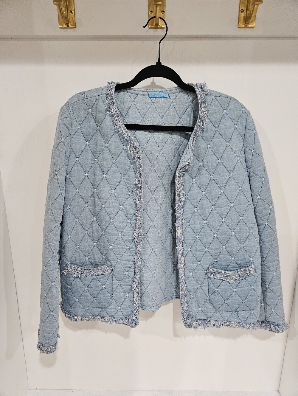 J. MLaughlin Light Blue Quilted Fringe-Trim Jacket